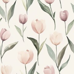 Delicate Watercolor Tulips Pale Hues Seamless Pattern Tender Floral Design Subtle Botanical Illustration