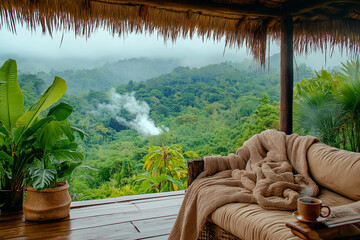 Peaceful morning on a wooden cabin balcony with a soft blanket, coffee, and a panoramic view of misty mountains