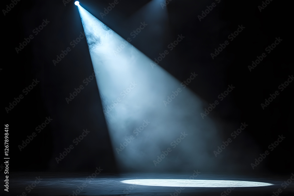 Poster dramatic spotlight shines on a darkened stage, creating a captivating atmosphere with ethereal smoke