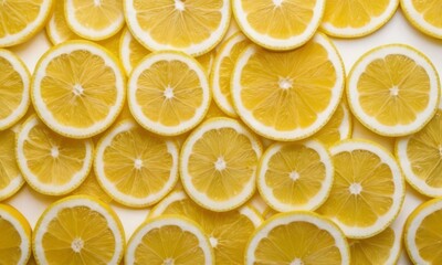 Close-up of vibrant, fresh lemon slices arranged neatly on a white background.