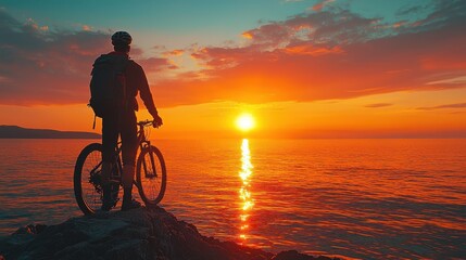 Obraz premium Cyclist at Sunset Over the Ocean