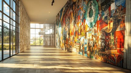 Naklejka premium A modern interior featuring a vibrant mural on one wall, large windows letting in natural light, and a spacious, minimalist design.