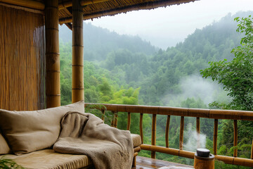 Cozy wooden terrace with a soft blanket, a decorative pillow, and two cups of coffee overlooking a misty green mountain landscape