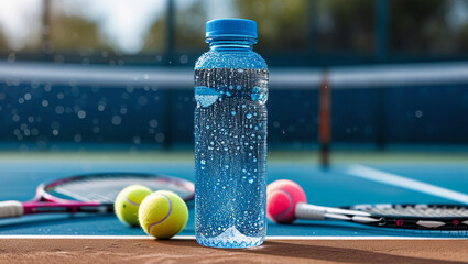 Sparkling Water Bottle, Tennis Court Aesthetic, Refreshing Hydration, Instagram-Worthy Photography, Condensation Droplets, Tennis Balls and Rackets, Modern Sleek Design, Soothing Blue and White Tones,
