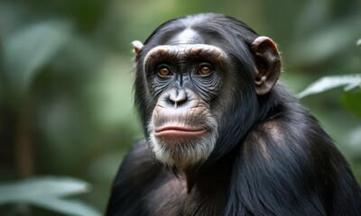 Fototapeta premium A close-up portrait of a chimpanzee, showcasing its expressive eyes and lush black fur amidst a green backdrop.