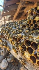 Swarm of honey bees on an active hive