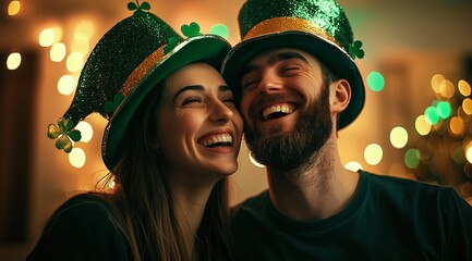 st. patrick's day. smile. a happy couple with Leprechaun hat