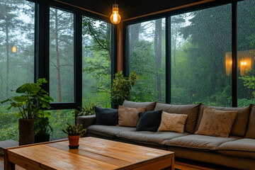 Cozy Modern Living Room with Large Windows Overlooking a Rainy Forest View