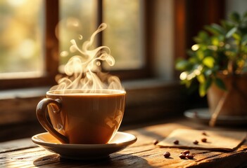 Steaming cup of coffee by the window in morning sunlight