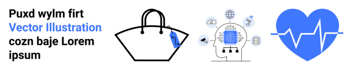 Shopping bag with a tag, human head with AI elements, and heart with EKG line. Ideal for technology, retail, health, e-commerce, innovation medical and AI applications. Flat landing page banner