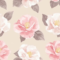 Watercolor Floral Pattern with Light Pink Flowers and Muted Green Leaves Elegant Botanical Design