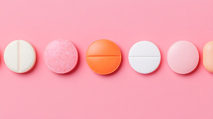 Colorful medicine tablets lie in a line against a pink background.  Assorted colors, shapes and sizes present pills for medication and health.