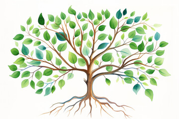 Fototapeta premium A beautifully illustrated tree with intertwining branches and a detailed root system, rendered in soft colors to create an elegant, natural, and serene artistic composition. Genealogical tree 