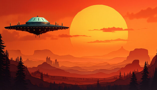 Classic UFO Flying Over a Desert at Sunset for Sci-Fi Concepts and Posters