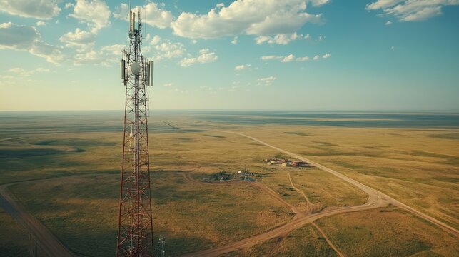 Tall communication tower in vast, flat landscape.
