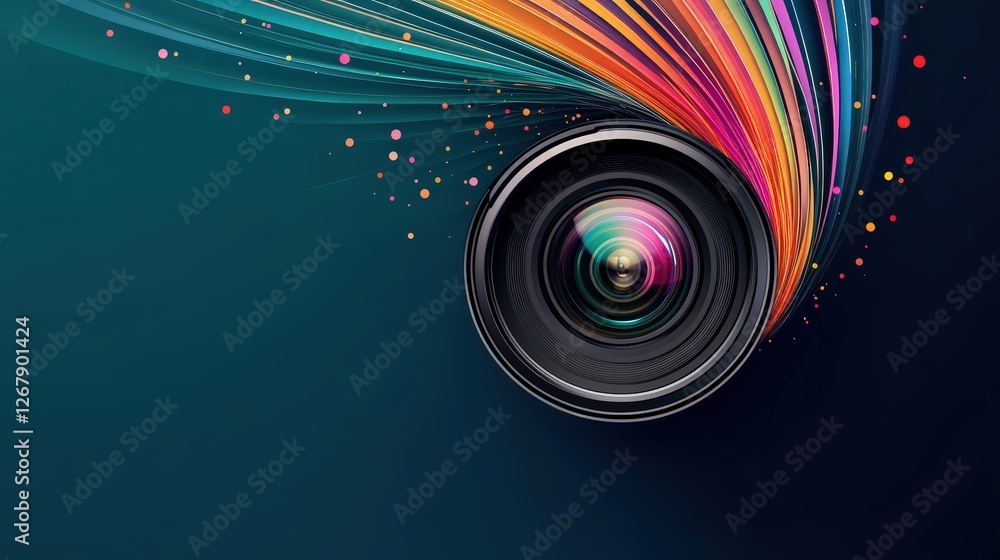 Poster vibrant camera lens with colorful swirls and dynamic movement