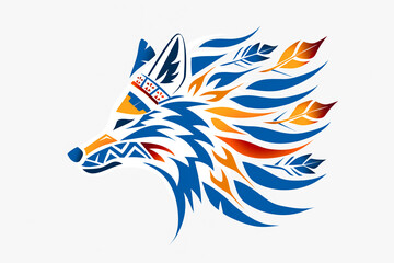 Obraz premium A striking digital illustration of a wolf's head in a tribal style, designed with bold geometric shapes and vibrant colors, blending blue, orange, and red tones dynamically.