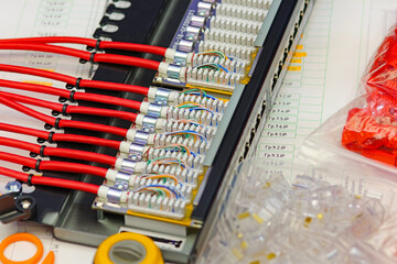 Ethernet patch panel with twisted pair wires connected. 