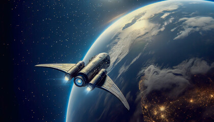 Spacecraft with glowing engines orbits Earth amidst a starry backdrop.