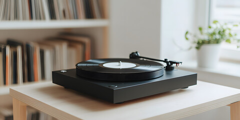 Vinyl record player on a wooden table, next to a bookshelf and a plant, creating a cozy and nostalgic atmosphere. Music and vintage elegance blend.