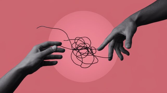 Two hands reaching out across a tangled string mess