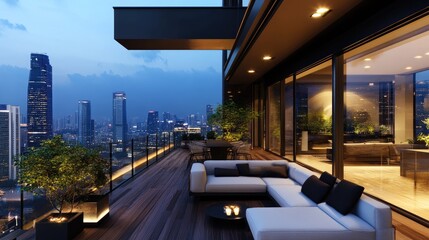 Obraz premium Relaxing urban balcony with warm lights A cozy apartment terrace with ambient lighting and an amazing cityscape view.