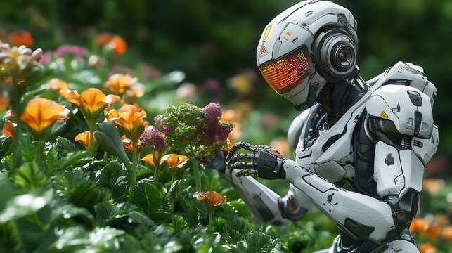 Advanced Humanoid Robot Pollinating Exotic Alien Inspired Flowers in Verdant Futuristic Garden