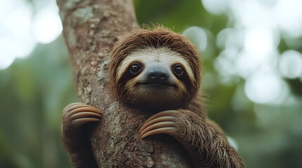 Fototapeta premium Close-up of a cute sloth clinging to a tree branch. The sloth's face and claws are in focus, with a blurred green foliage background.