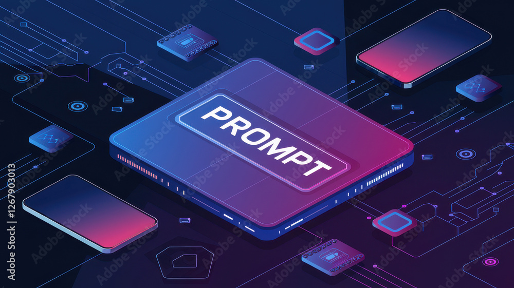 Poster digital circuit board with the word prompt highlighted in a modern design