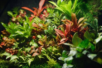 Vibrant Miniature Indoor Landscape with Thriving Houseplants in Curated Terrarium