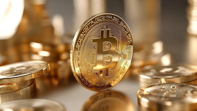 A close-up of a gold Bitcoin surrounded by other coins, representing cryptocurrency and digital finance. Concept Close-Up Bitcoin, Cryptocurrency Representation, Digital Finance, Coin Collection