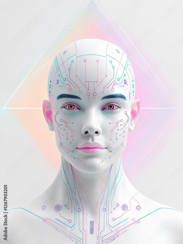 Poster futuristic humanoid robot with circuit patterns and glowing eyes