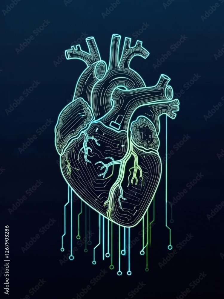 Poster digital illustration of a heart with circuit patterns, symbolizing technology and health