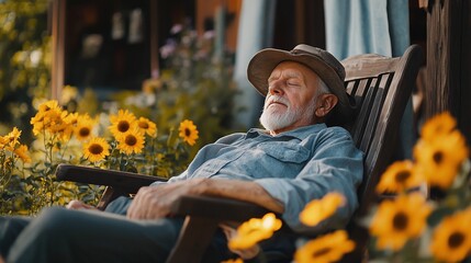 old man sleeping in a wooden chair under the sun in the garden of his home embracing a quiet and relaxing retirement with peaceful outdoor leisure
