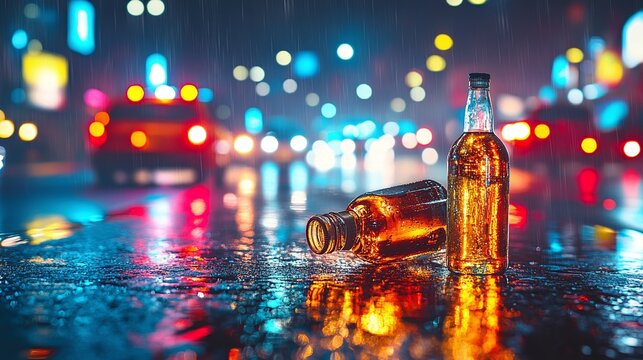 night city accident with alcohol bottles scattered across road police car lights illuminating crash aftermath dangerous driving behavior and violent conflict highlighting transportation risks