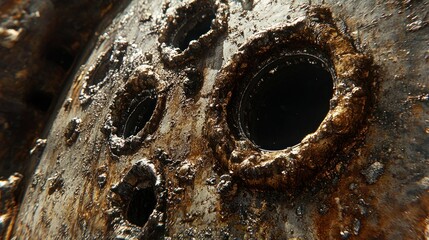 Corroded metal plate with holes, industrial, weathered exterior, background of machinery