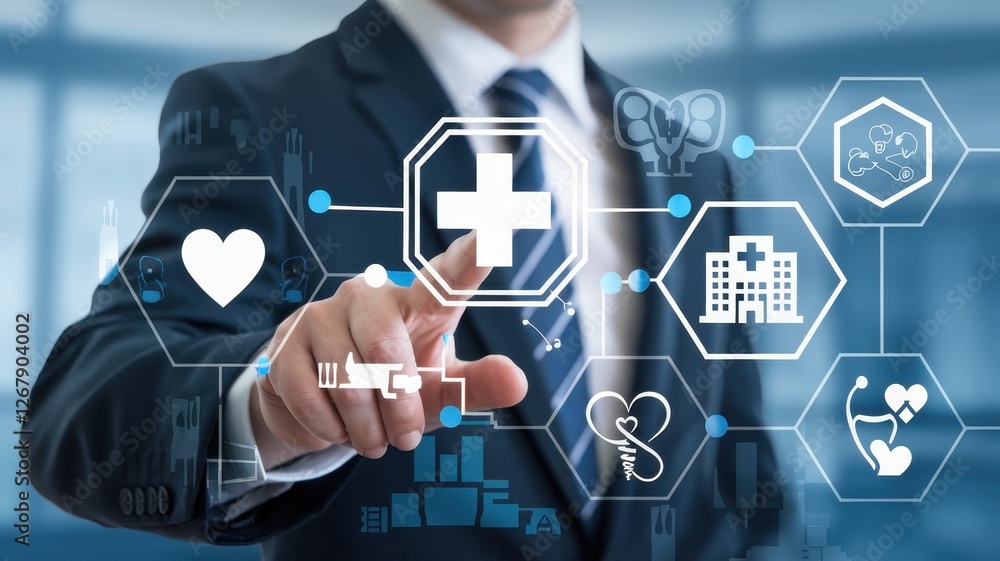Poster man in suit touching health network interface concept