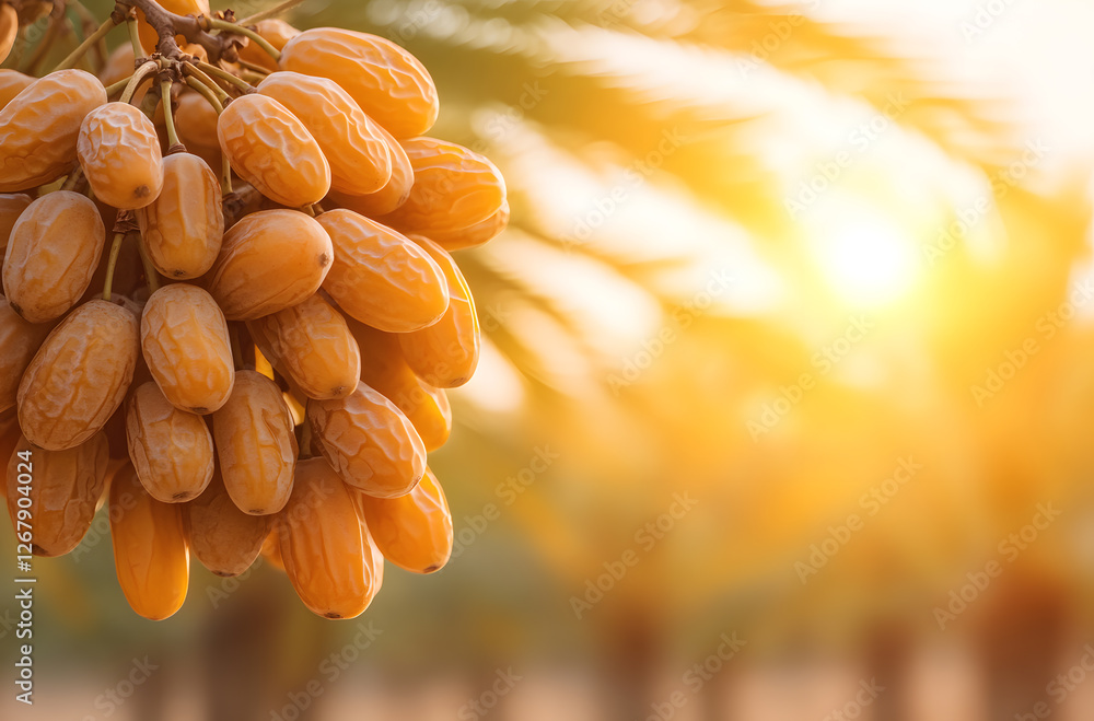 Poster dates hanging from tree: fresh, ripe dates hang from a tree branch in a sun-drenched orchard, showca