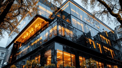 Modern Glass Building Illuminated at Night