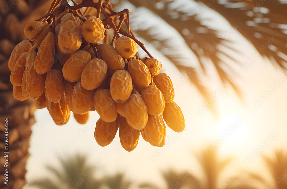 Poster a cluster of dates hanging from a tree, bathed in warm light. the scene evokes a sense of natural bo