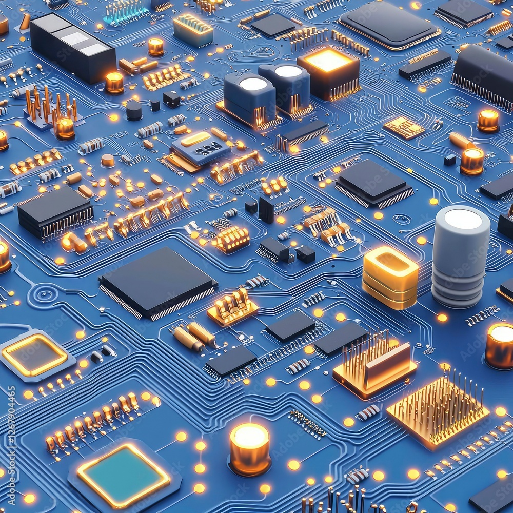 Poster abstract close-up of a complex electronic circuit board with glowing components