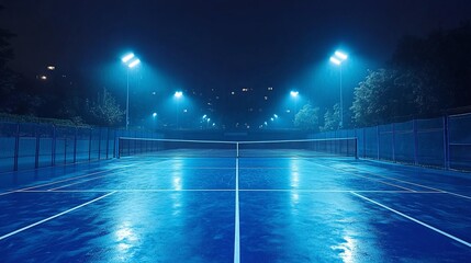 blue tennis court under bright evening lights in a stadium setting with an empty field and net perfect for sports recreation fitness training and championship matches