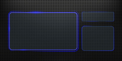 Neon glass rectangular frame with glow effect.  Glass banner realistic with neon frame. Glass or mirror with blue lighting	
