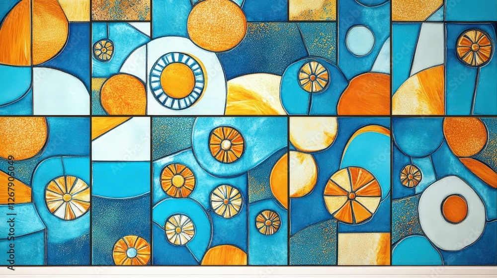Poster vibrant blue and orange abstract design with circular patterns