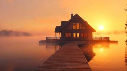 Obraz premium Sunrise Over Lake Cabin Wooden Dock Peaceful Morning