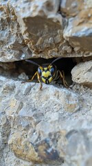 Wasp emerging from rocky crevice