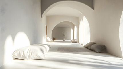 Tunnel interior in 3D design featuring a clean, minimalist white room with smooth lines