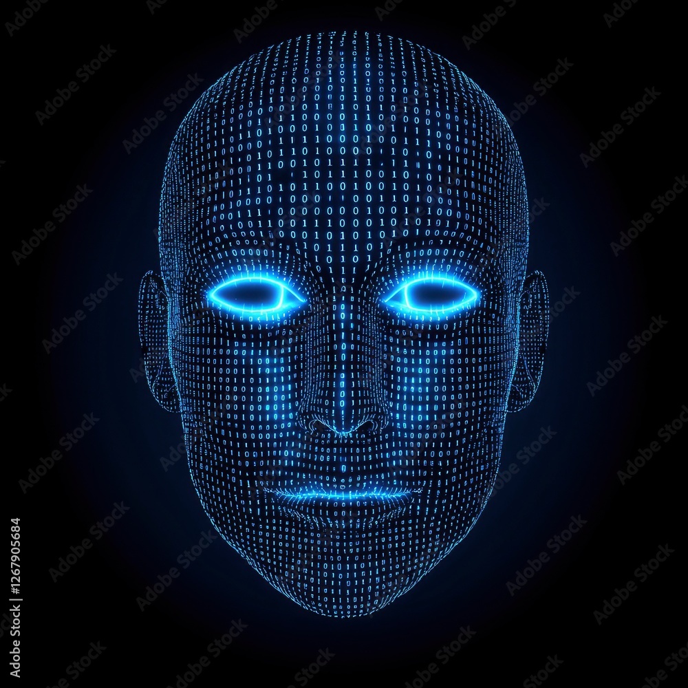 Poster digital human head composed of binary code - ai, cybersecurity, and technology concept