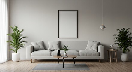 Minimalist Living Room Wall Art Mockup with Plants and Furniture – Stylish Framed Decor for Modern Interiors