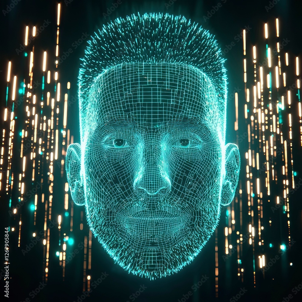Poster digital human face, wireframe portrait with abstract data stream background
